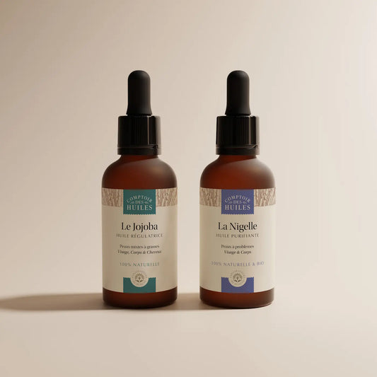 Huiles de nigelle et huile de jojoba pour peau grasse